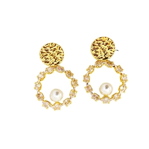 Lava texture gold earrings with sparkling zircon ring and elegant pearl drop