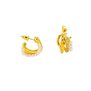 Elegant gold-plated multi-layer hoop earrings with white pearls and zirconia accents