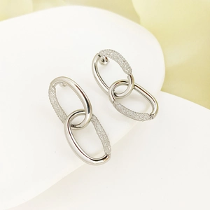Irregular oval geometric earrings with interlocking silver circles and polished mesh finish