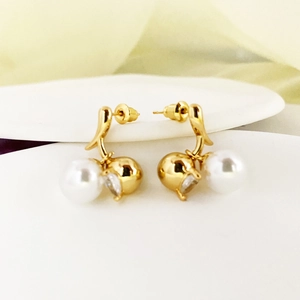 Elegant 18K gold plated ball earrings with pearl and crystal drop for women