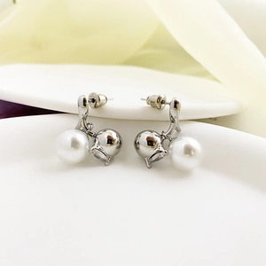 Elegant 18K gold plated asymmetric pearl and polished silver ball stud earrings