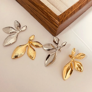 Leaf Stud Earrings Elegant Minimalist Gold Plated Copper With Copper Earring Post For Women Plant Design High Polish