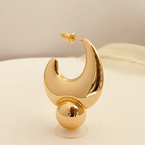 Polished gold chunky C-shaped hoop earrings with drop ball pendant for women
