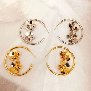 Boucles D'Oreilles Créoles Florales En Cuivre Plaqué Or 18K Bijoux Géométriques Avec Tige En Argent Sterling 925