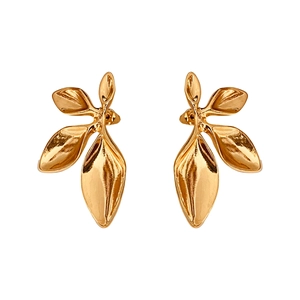 Polished gold-plated leaf stud earrings with natural veins on a clean white background