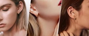 Gros plan de créoles dorées perlées portées par des mannequins au style géométrique