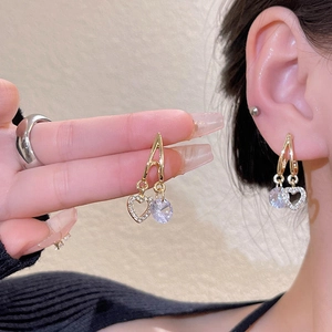 Double drop gold heart earrings with pave zircons and round crystal pendants for women