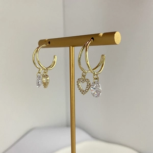 Elegant gold C-shaped double dangle earrings with pavé heart and oval zircon crystal