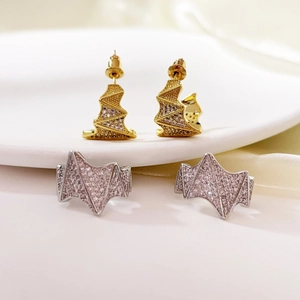 Geometric Irregular Wave Stud Earrings Copper 18K Gold Plated With 925 Sterling Silver Earring Post Zircon For Women