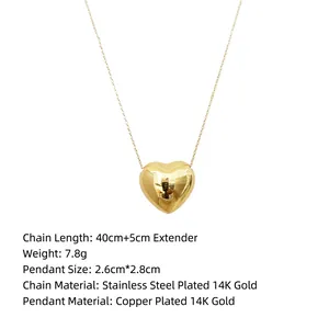 Spécifications détaillées du collier pendentif cœur plaqué or 14K avec ses dimensions