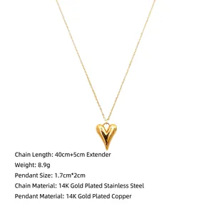 Détail du collier cœur plaqué or 14K avec longueur de chaîne 40+5cm et spécifications