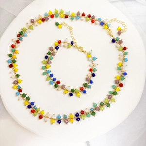 Bohemian Rainbow Evil Eye Necklace And Bracelet Colorful Faceted Bead Copper 14K Gold Plated Jewelry For Women