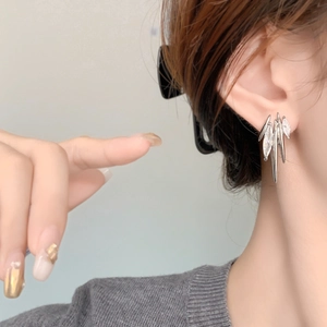 French style silver stud earrings with marquise zircon stones and edgy tassel spike accents