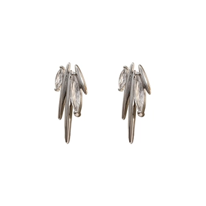 French style silver stud earrings with marquise-cut zircon and tapered metal tassels