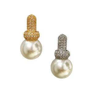 Elegant 18K gold and silver plated pearl earrings with full zircon pave settings
