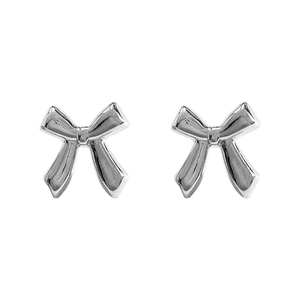 Minimalist silver bow knot stud earrings with polished metallic mirror finish for women
