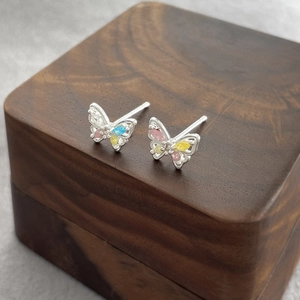 Mini butterfly stud earrings with colorful zircon stones in silver plating