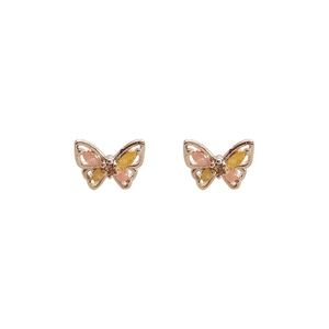 Mini rose gold butterfly stud earrings with colorful pink and yellow zircon crystals