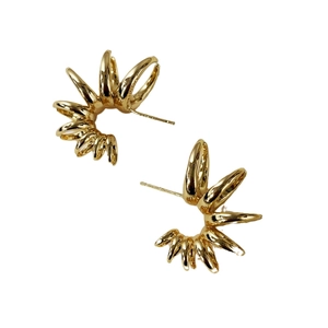 Chic golden spiral fan earrings with layered geometric 3D design and metallic finish