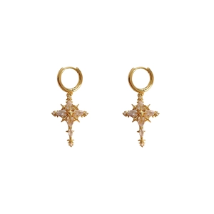 Elegant gold-plated hoop earrings with cross star pendants and sparkling cubic zirconia stones