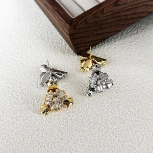 Sparkling geometric zircon stud earrings in gold and silver finish with flower cluster design