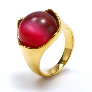 Elegant gold titanium steel ring featuring a vibrant red cat-eye stone centerpiece