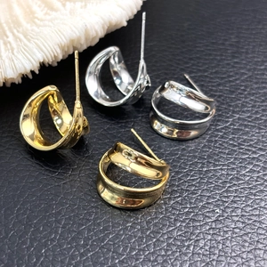 Hollow C-Shaped Stud Earrings 18K Gold Plated Double Layer Geometric Polished Copper Earring Post For Women