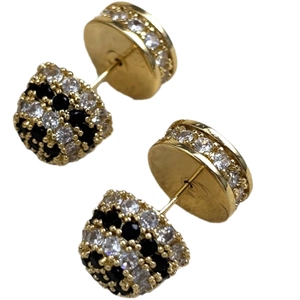Orecchini vintage con pavé di zirconi bianchi e neri in rame placcato oro 18 carati