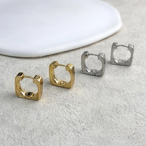 Orecchini a cerchio quadrati minimalisti in metallo lucido oro e argento per donna
