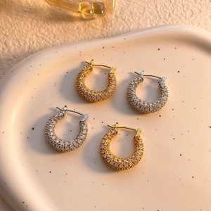 Copper Hoop Earrings Micro Pave Zircon C-Shaped 18K Gold Plated Jewelry With Stainless Steel Earring Post For Women