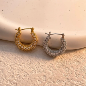 Detailed view of gold and silver hoop earrings with multi-row micro-pave cubic zirconia
