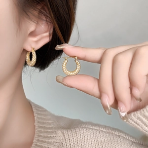 Detail view of gold plated hoop earrings with micro-pave cubic zirconia on female model
