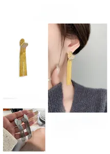 Detail of heart tassel drop earrings with tiny crystals in gold and silver finishes