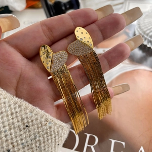 Elegant gold heart tassel earrings with rhinestones and long delicate chains