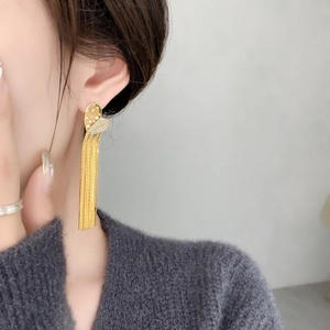 Elegant gold tassel earrings with heart-shaped crystal studs worn by a model
