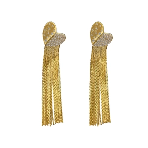 Elegant gold heart earrings with sparkling crystals and long snake chain tassels