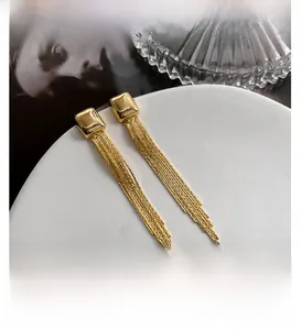 Detailed view of long gold chain tassel earrings on a display plate with modern aesthetic