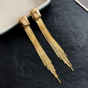 Elegant 18K gold plated long chain tassel earrings with minimalist geometric stud design
