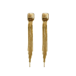 Elegant gold chain tassel drop earrings with polished square stud in minimalist style