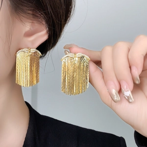 Close-up of elegant 18K gold-plated tassel earrings with sparkling crystals and long chains
