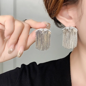 Detailed view of silver bird wing earrings with long tassel chains and white zircon stones