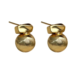 Minimalist hollow ball stud earrings with 18K gold plating and vertical striped texture