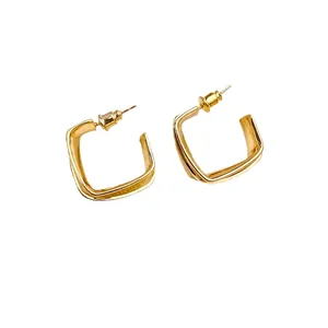 Minimalist square geometric hoop earrings with 18k gold plating on white background