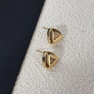 Minimalist gold triangle stud earrings with zircon mesh inlay and hollow geometric design