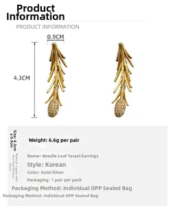 Detail view of gold-plated leaf tassel earrings with zircon inlay and size dimensions