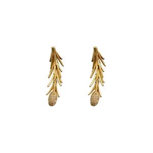 Elegant gold plated pine needle and cone tassel earrings with sparkling zircon crystals