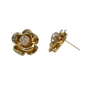 18K gold plated camellia stud earrings with 5A zircon inlay on a white background