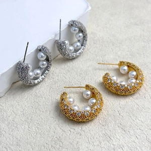 C-Shaped Hoop Earrings 925 Sterling Silver Earring Post Copper 18K Gold Plated Pave CZ Faux Artificial Pearl Elegant For Women