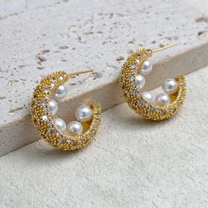 Luxury 18K gold plated C-shaped hoop earrings with pave cubic zirconia and pearls