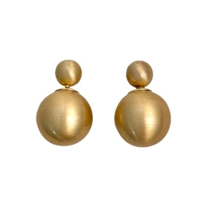 Minimalist matte gold double ball stud earrings featuring a front-back asymmetric design